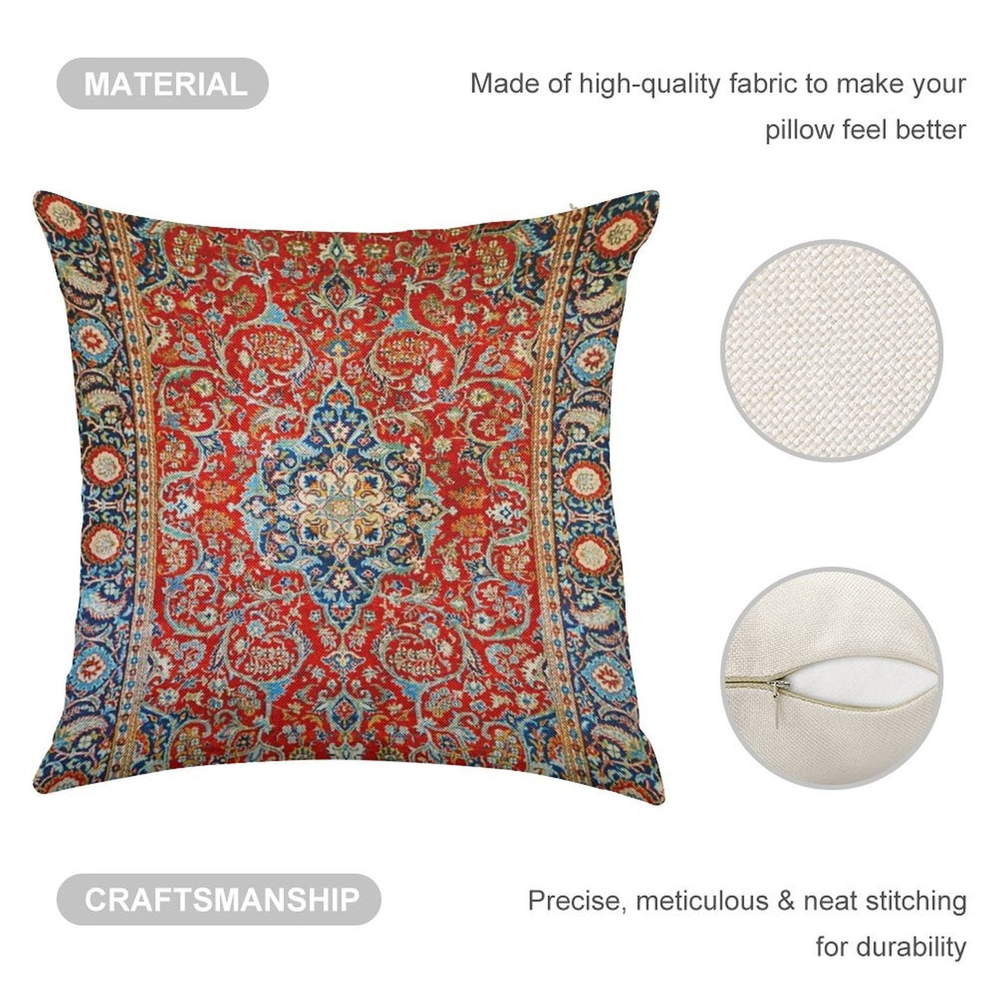 Red Blue Antique Floral Persian Carpet Print Linen Throw Pillow Cover