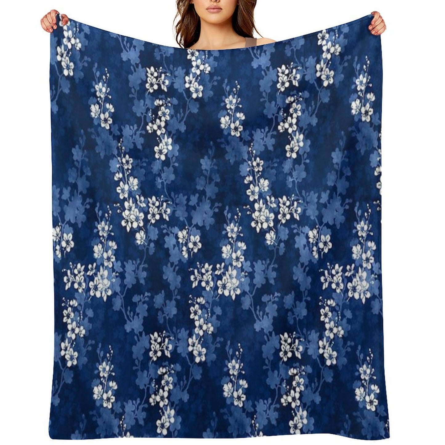 Sakura Blossom in Deep Blue Throw Blanket