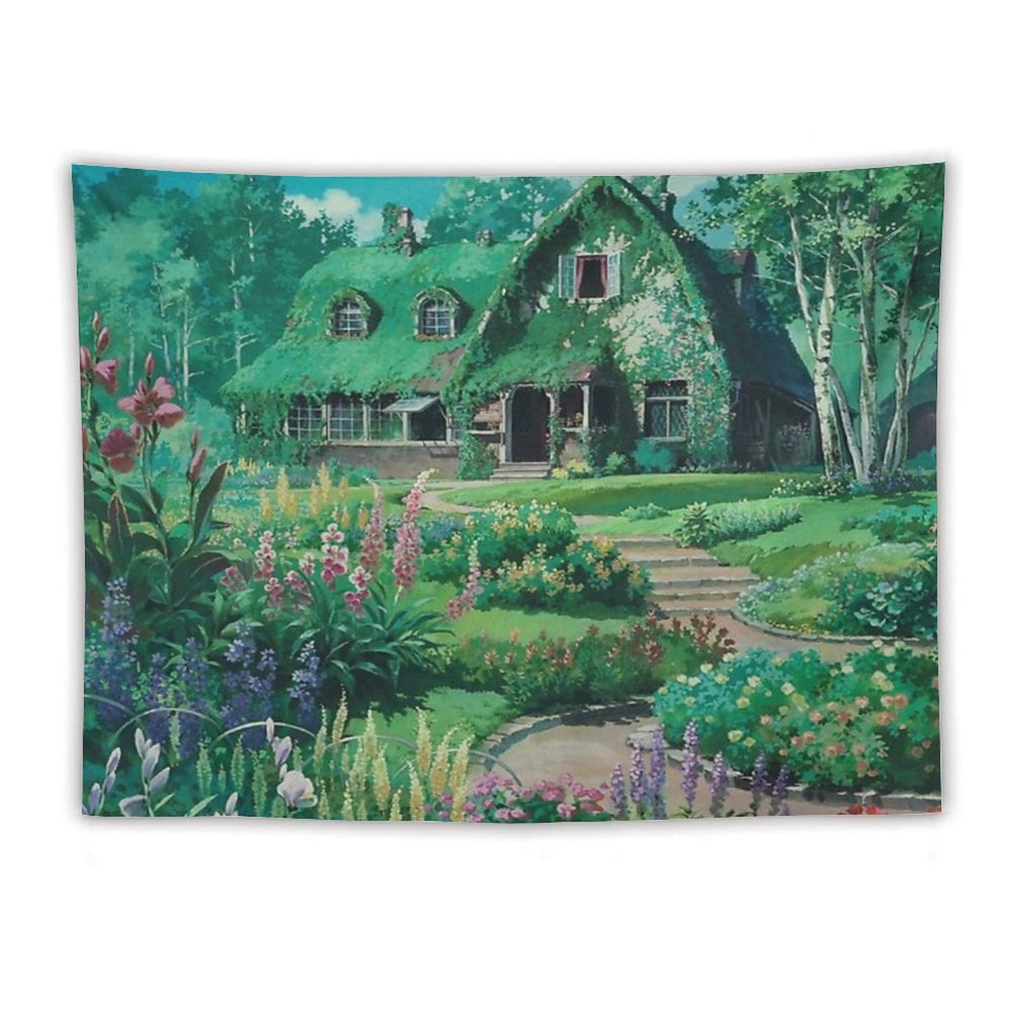 Anime Movie House with Flowers Scenery Tapestry