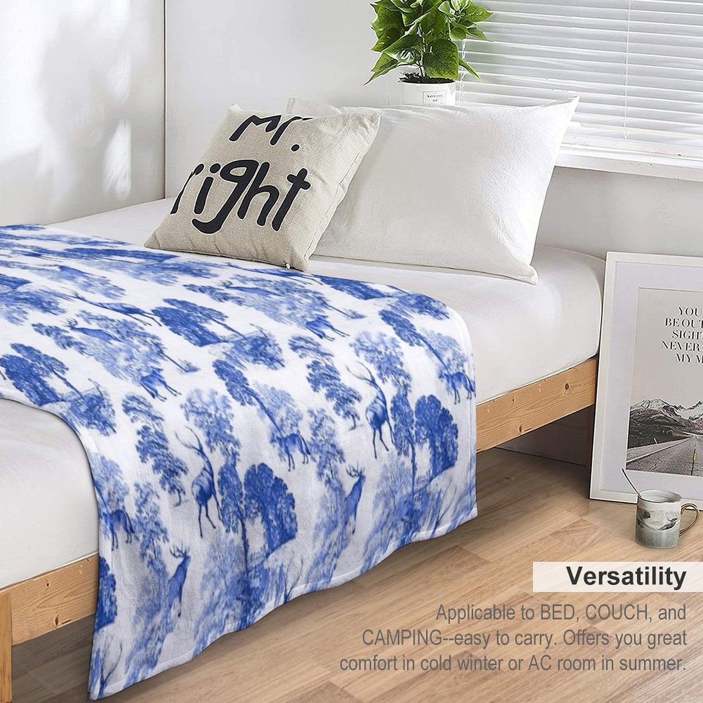 Elegant Vintage Blue Toile Deer in Woodland Throw Blanket