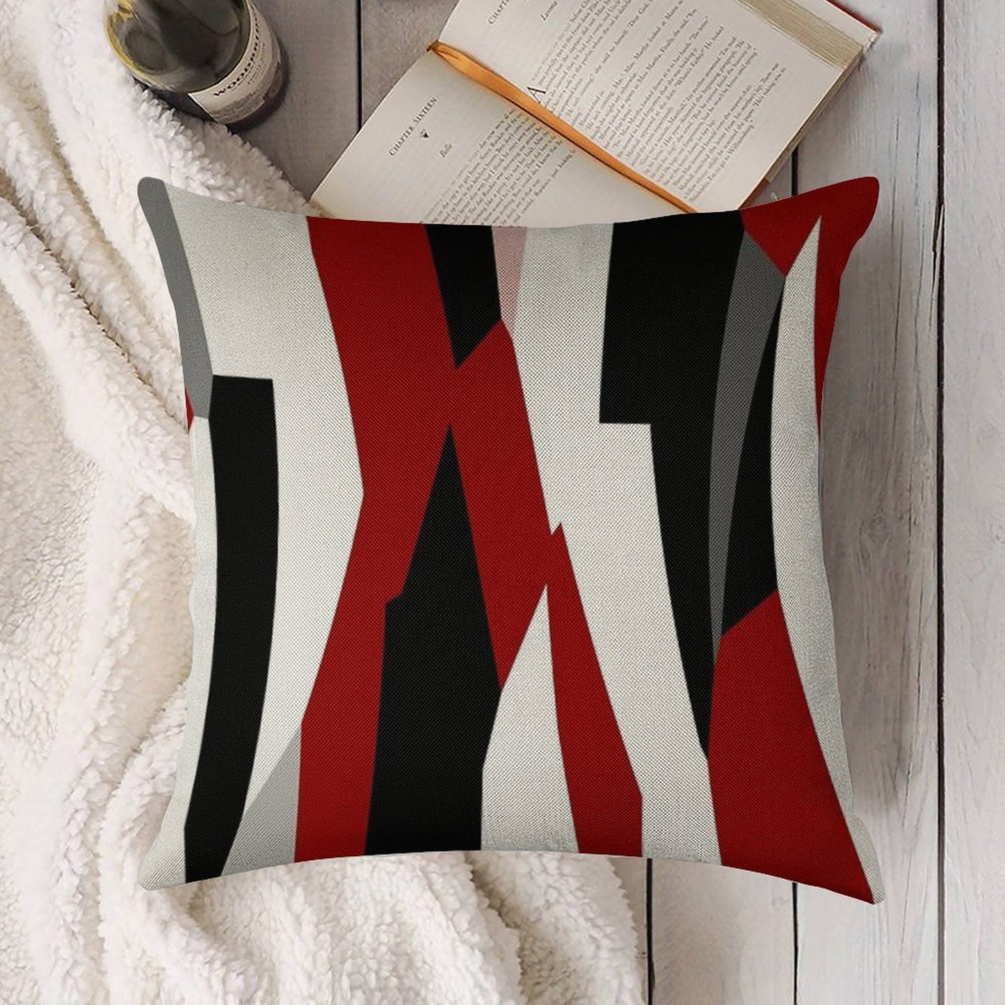 Red Black And White Abstract Linen Throw Pillow Cover