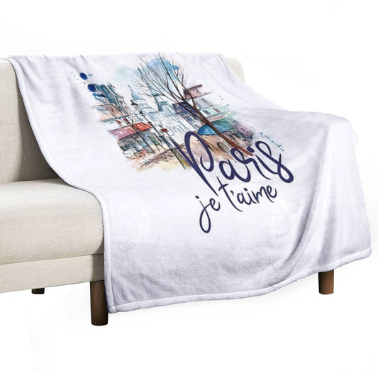 Paris Je T'aime Watercolor Calligraphy Art - France Souvenir Gifts Throw Blanket