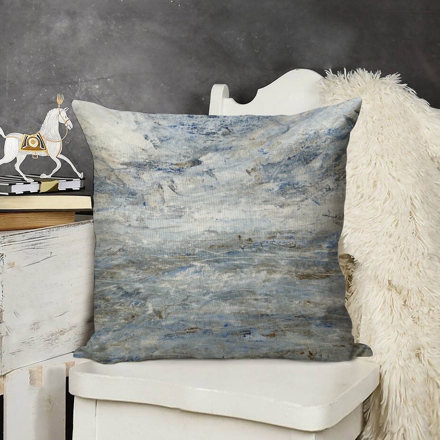 Abstract Seascape in Grey And Blue Linen Throw Pillow Cover