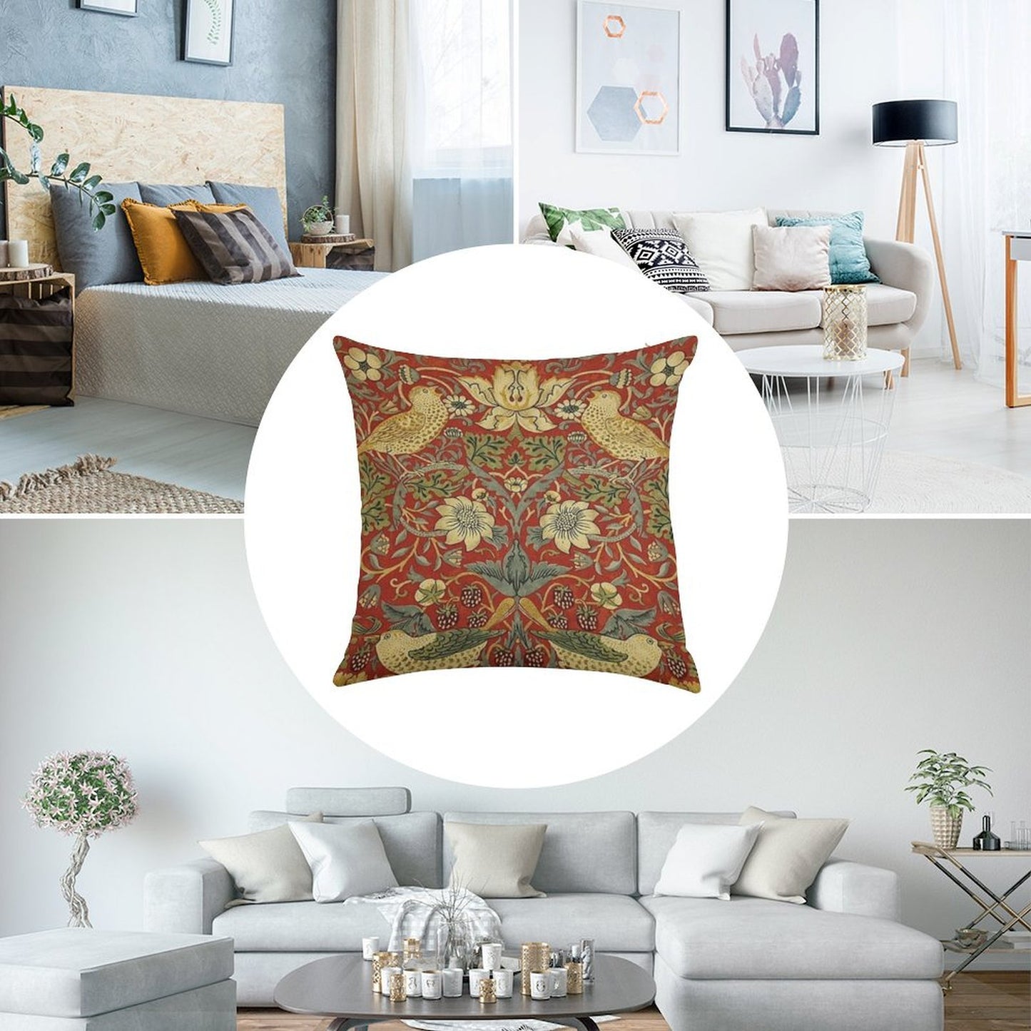 William Morris Birds Floral,red Linen Throw Pillow Cover