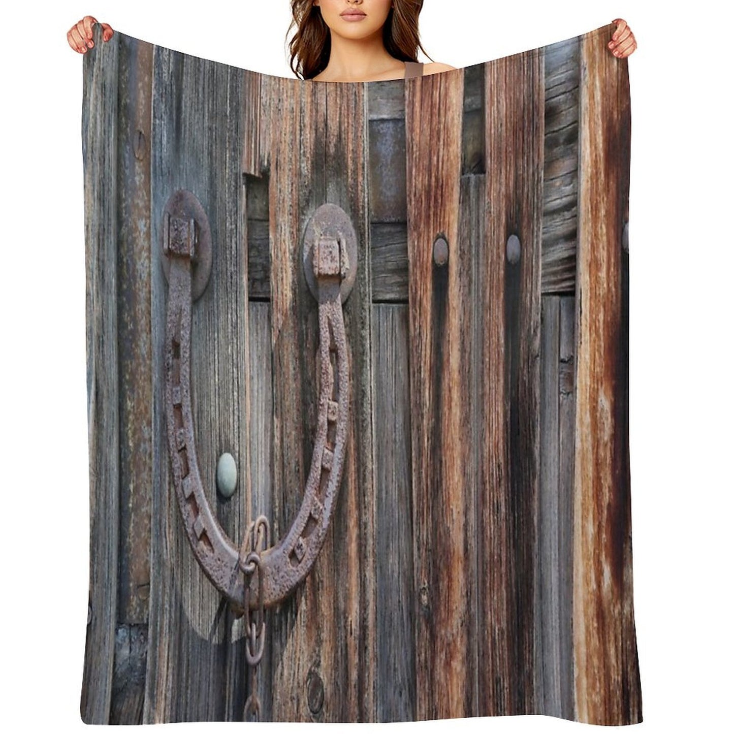Distressed Barn Wood Rustic Equestrian Horseshoe Throw Blanket