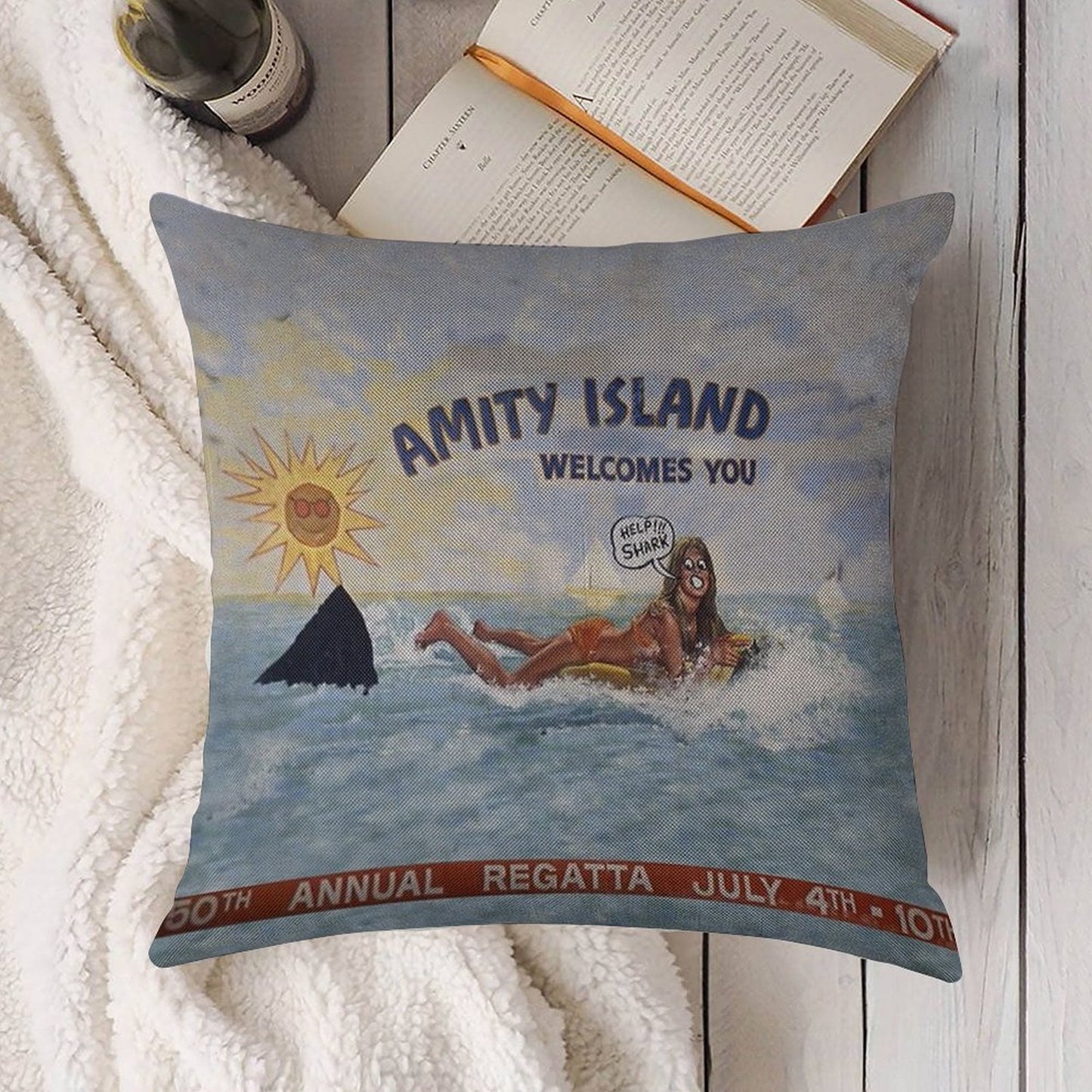 Welcome To Amity Island Linen Throw Pillow Cover