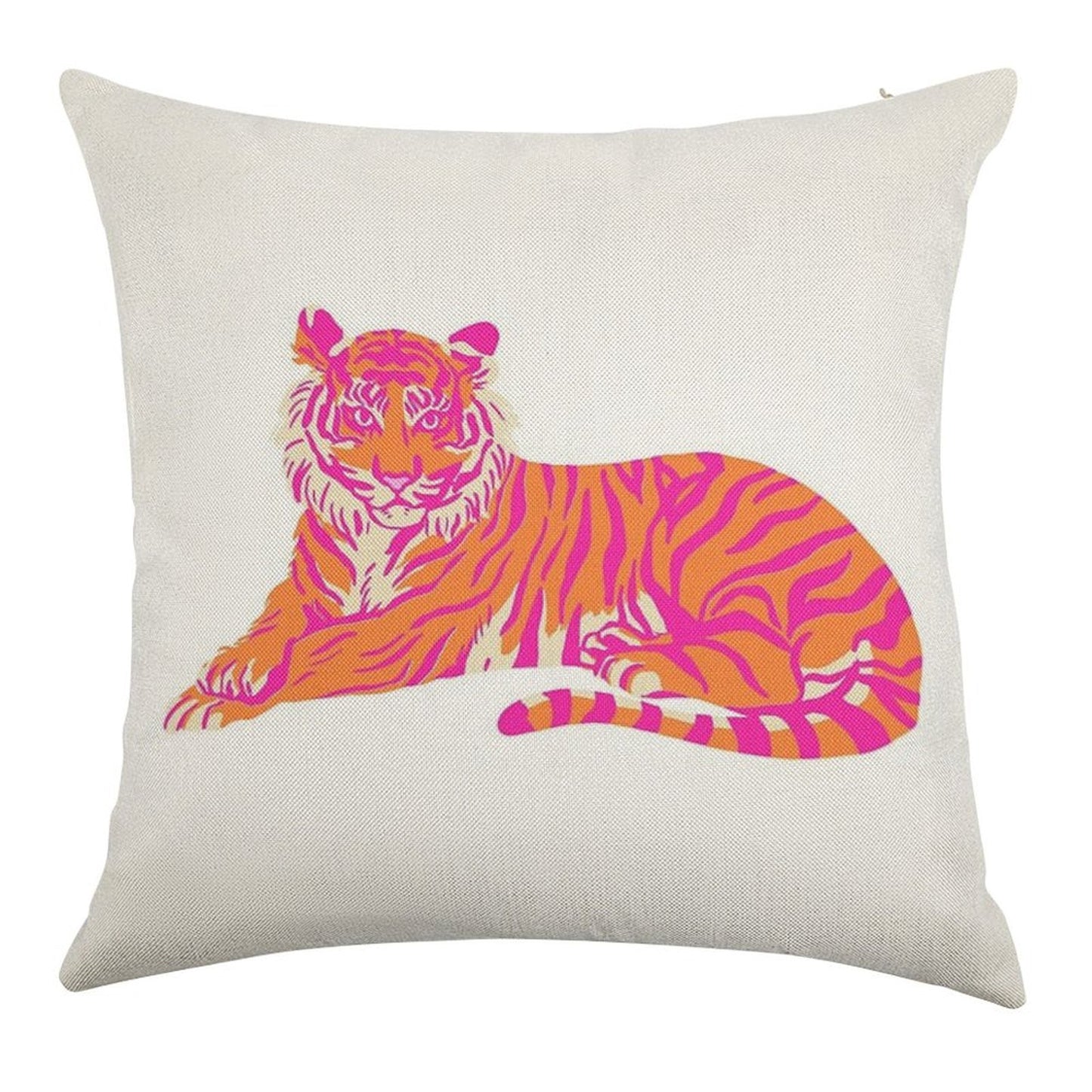 Pink And Orange Tiger Linen Throw Pillow Cover