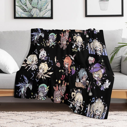 Genshin Impact Chibi Characters Assemble Throw Blanket
