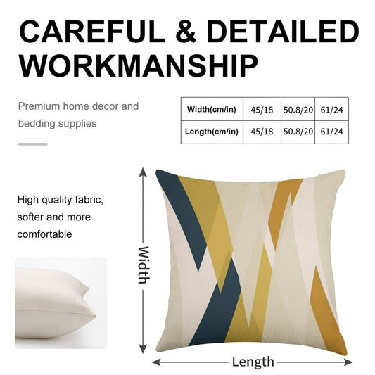 Triangular Abstract in Mustard Yellows, Navy Blue, And Blush Tones. Minimalist Geometric Linen Throw Pillow Cover
