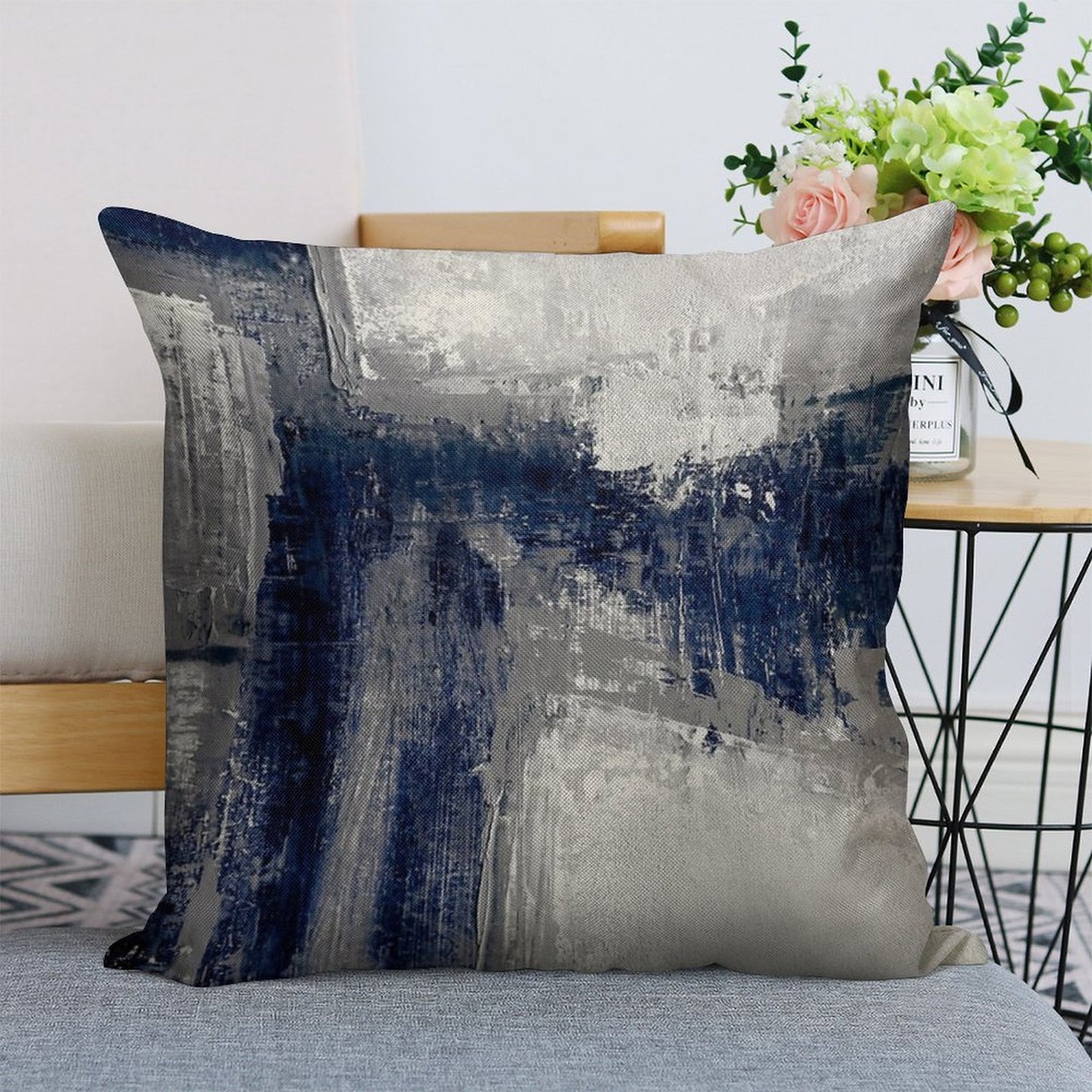 Blue Gray Abstract Linen Throw Pillow Cover