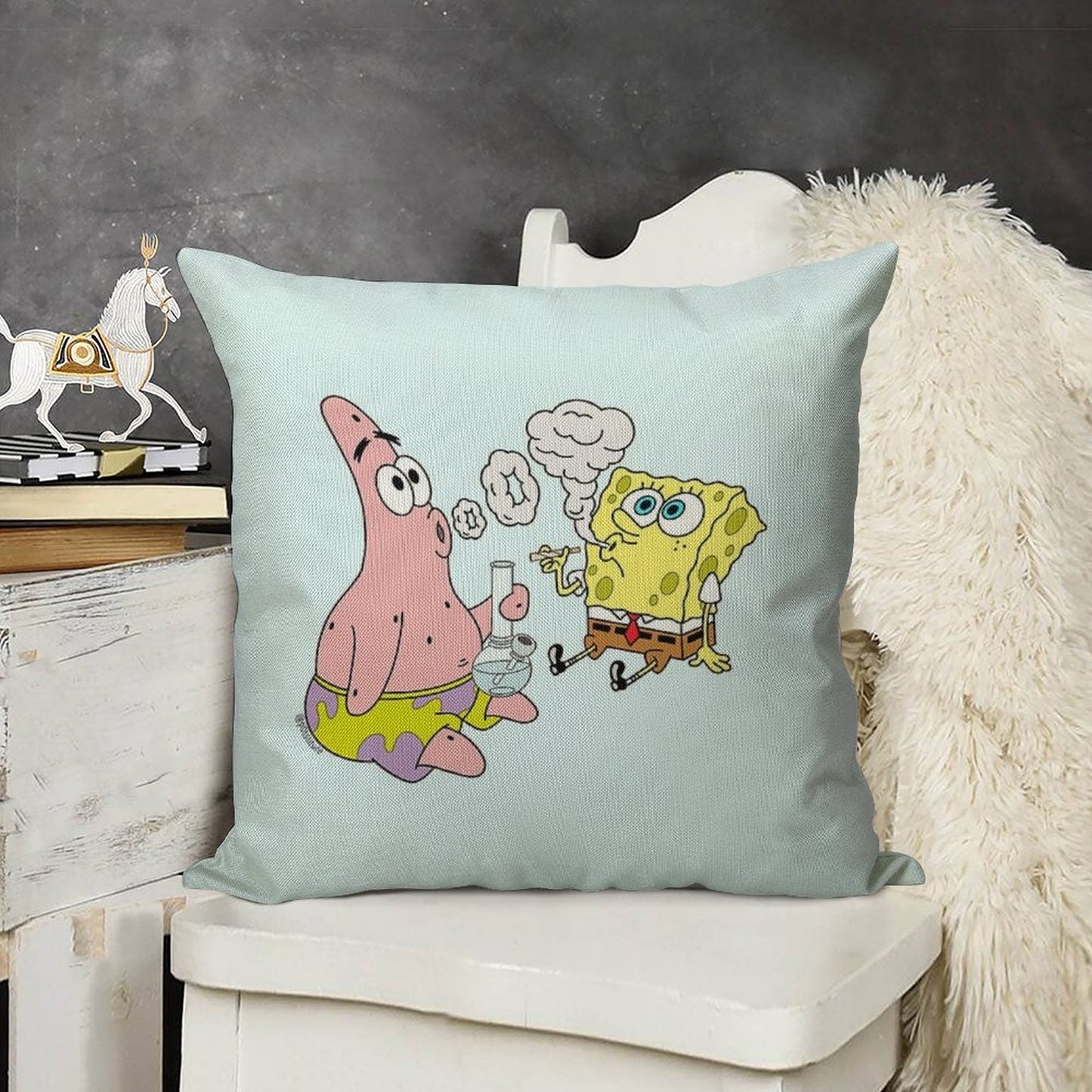 Spongebob And Patrick Smoking Weed Cannabis Cartoon Art Linen Throw Pillow Cover