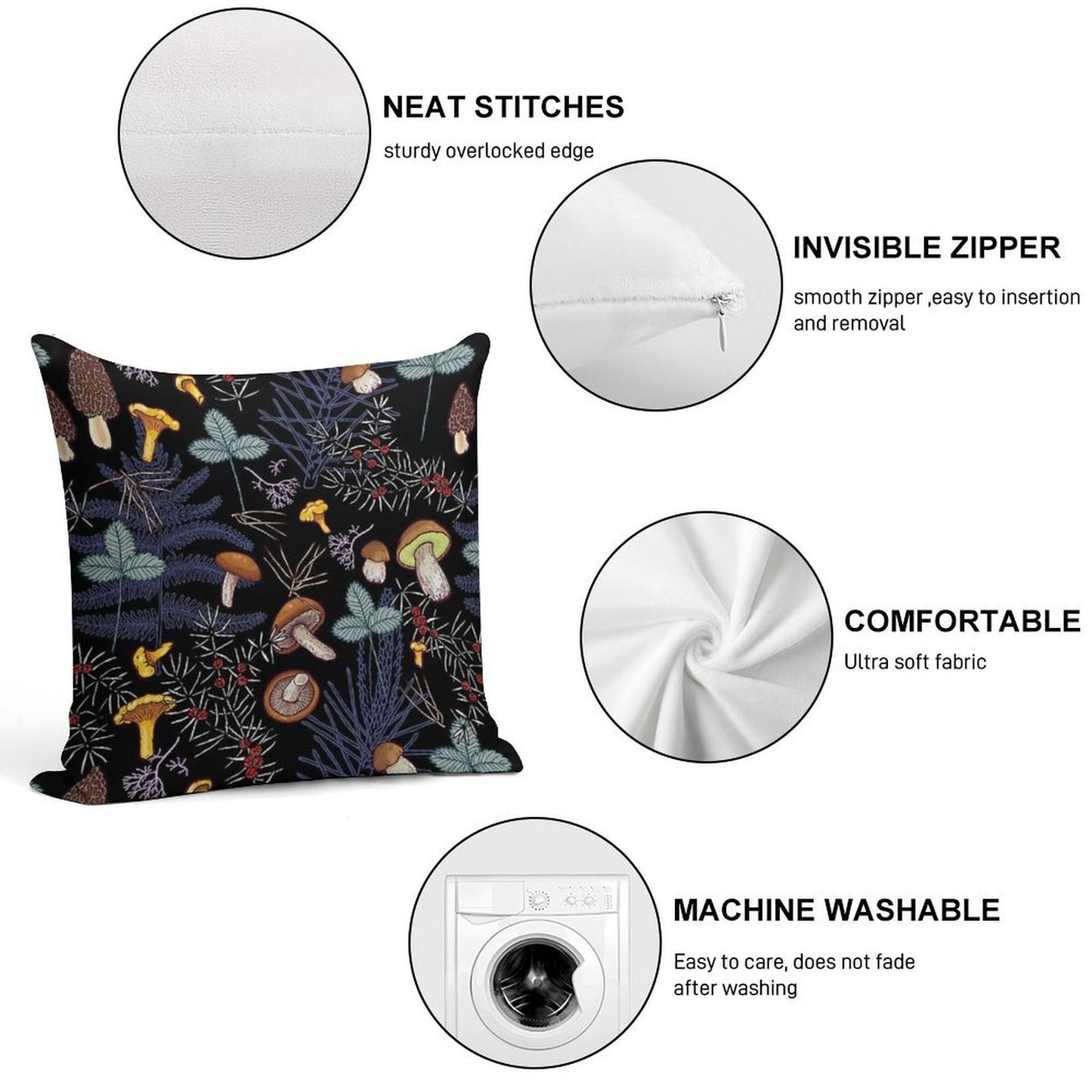 Dark Wild Forest Mushrooms Soft Anti-Pilling Throw Pillow