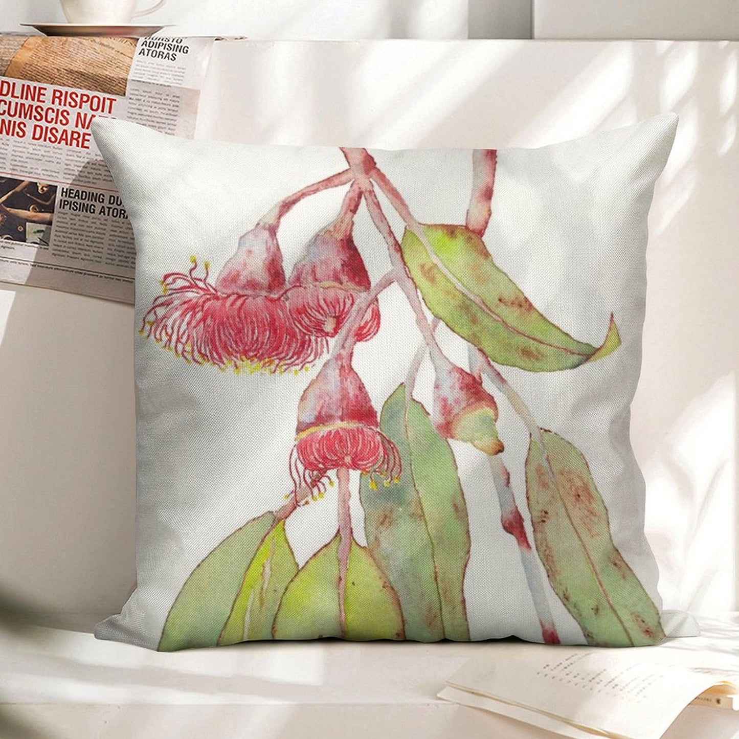 Flowering Silver Princess Eucalyptus Watercolor Linen Throw Pillow Cover