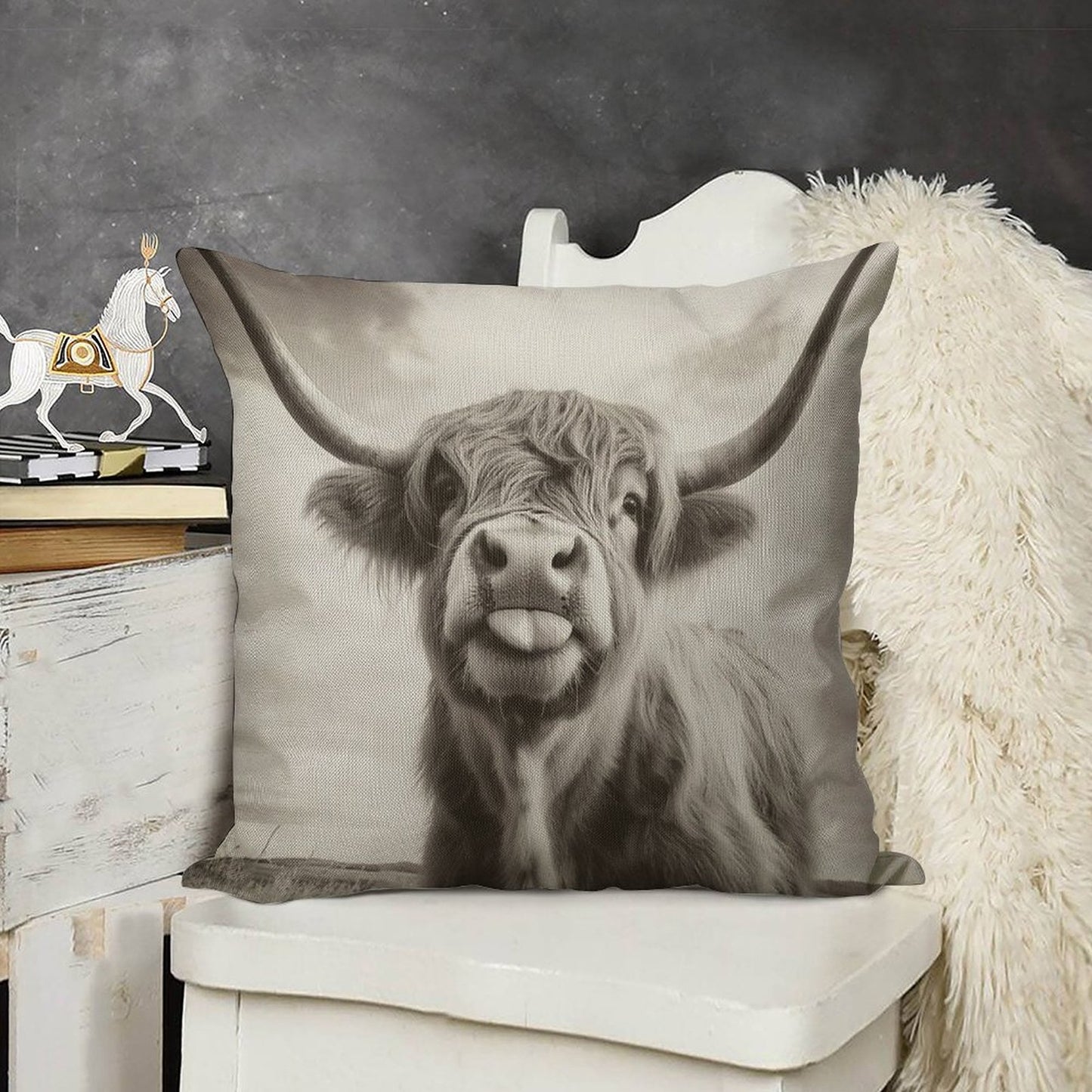Cheeky Highland Cow Linen Throw Pillow Cover