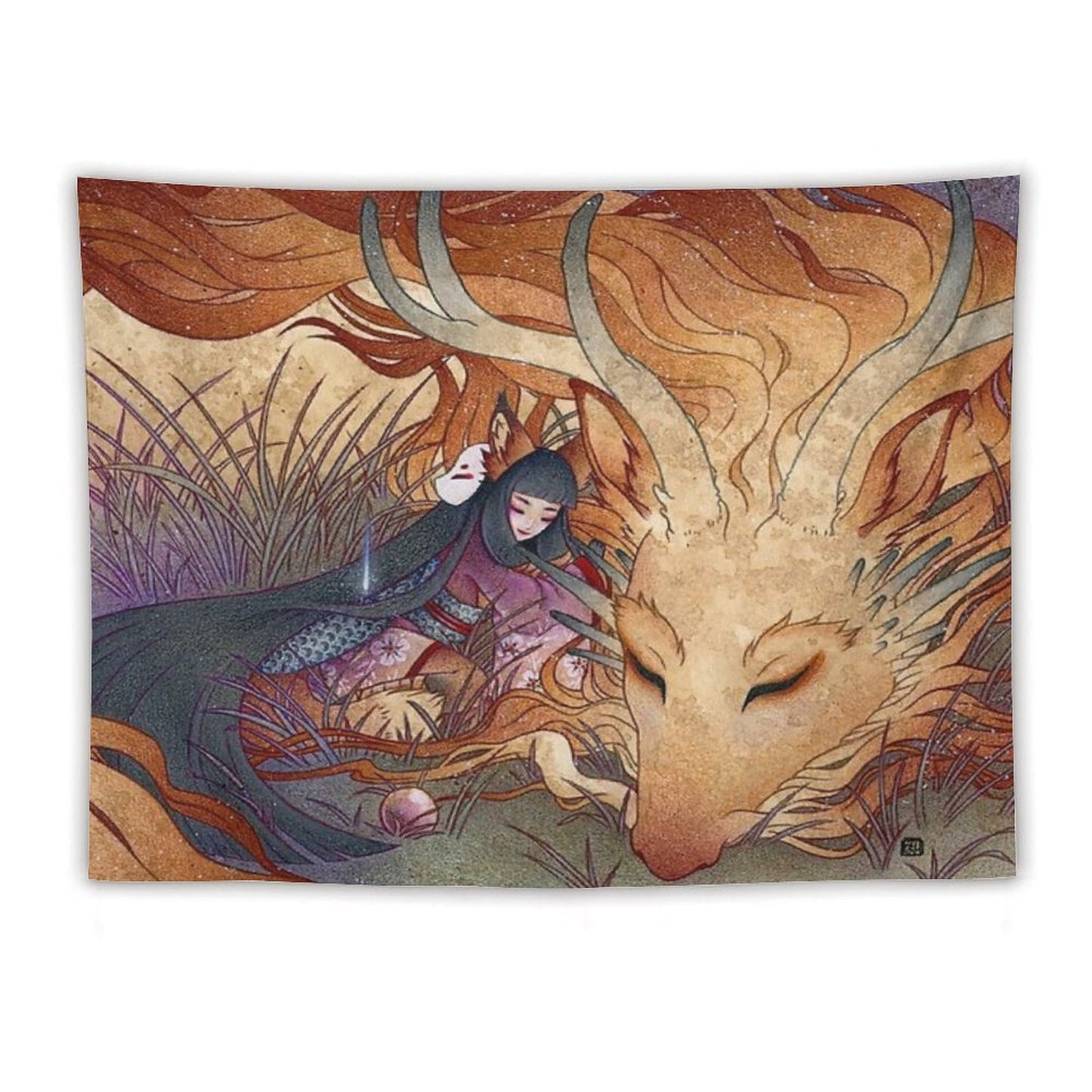 Slumbering Kitsune And Dragon Tapestry