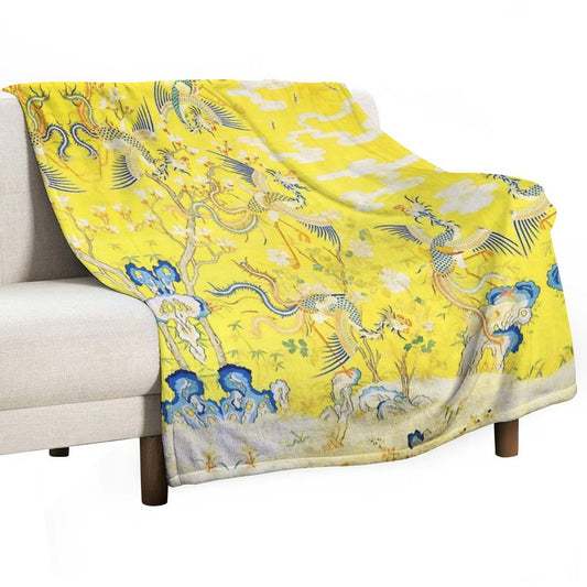 Five Phoenixes in The Garden ,Chinese Imperial Bright Yellow Floral Tapestry Throw Blanket
