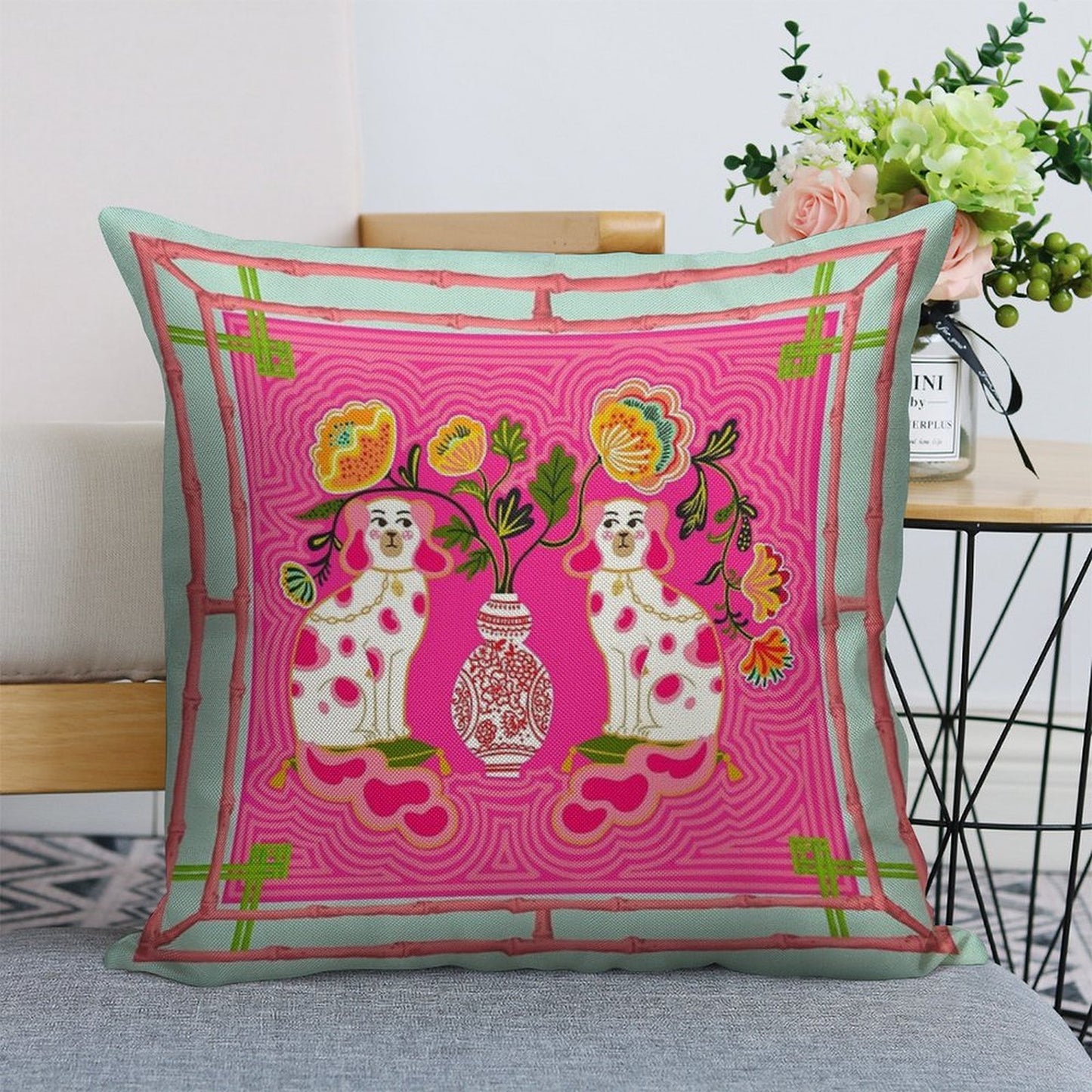 Chinoiserie Staffordshire Pink And Coral Linen Throw Pillow Cover