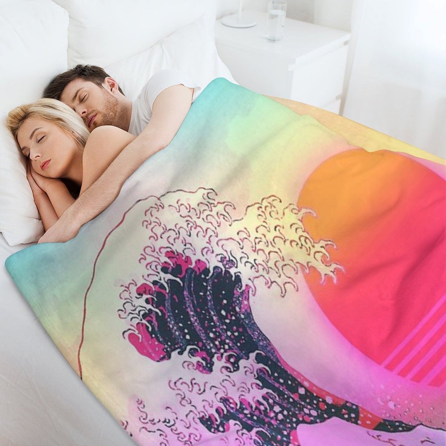 Great Wave Off Kanagawa Vaporwave Retro Aesthetic Throw Blanket