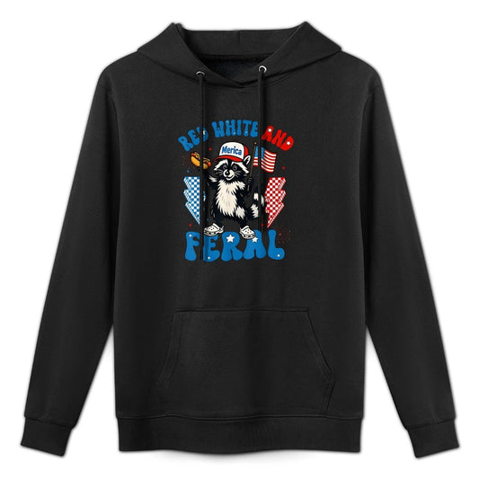 Kids Red Funny White And Feral Racoon Feral USA 4th Of July Medium-Weight Fabric Hoodie