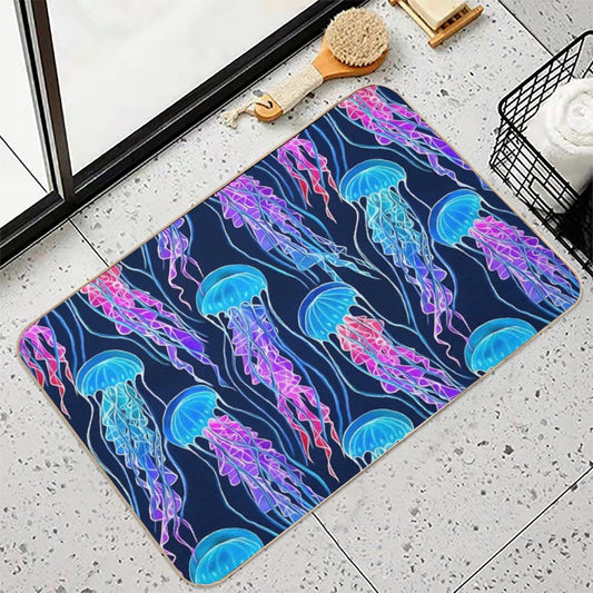 Luminescent Rainbow Jellyfish on Navy Blue Bath Mat