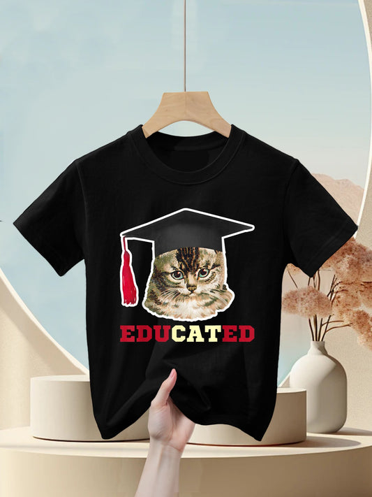Educated Cat in Graduation Cap Funny Grad Gift Kids T-Shirt