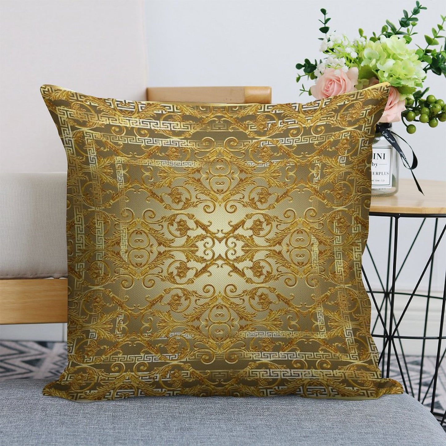 Greek Keys 4 Golden Baroque Style Linen Throw Pillow Cover