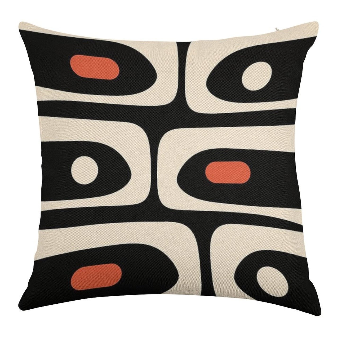 Mid Century Modern Piquet Abstract Pattern Black, Orange, And Almond Cream Linen Throw Pillow Cover