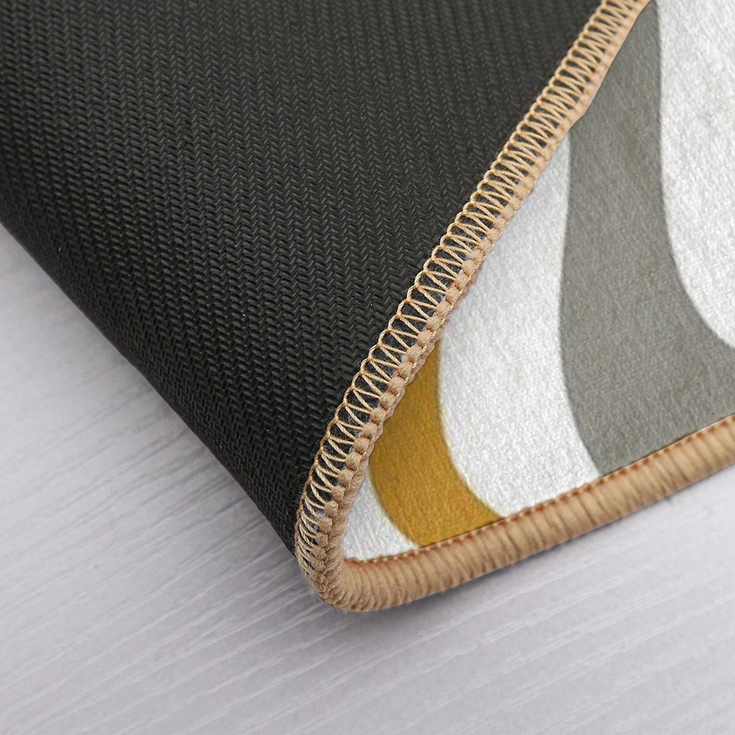 Liquid Swirl Contemporary Abstract in Mustard Yellow, Navy Blue, Grey, And White Bath Mat