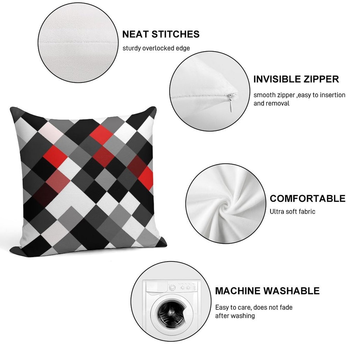 Bold Block Black White Red Diagonal Pattern Soft High-Density Material Throw Pillow