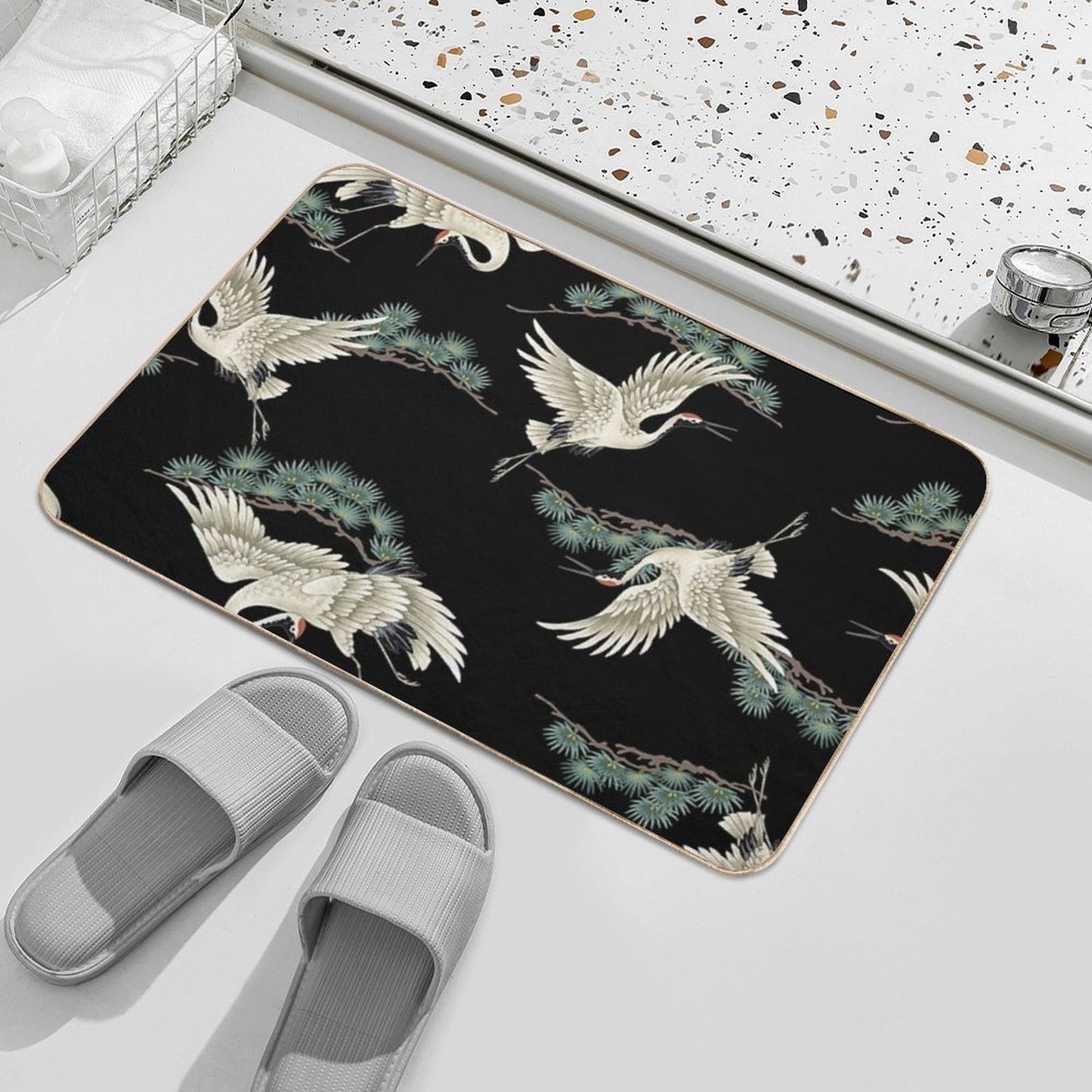 Japanese Cranes in Embroidered Style Bath Mat