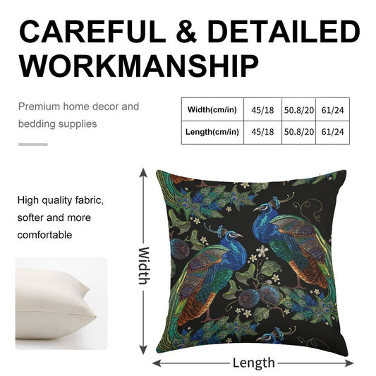 Embroidery Peacocks Linen Throw Pillow Cover