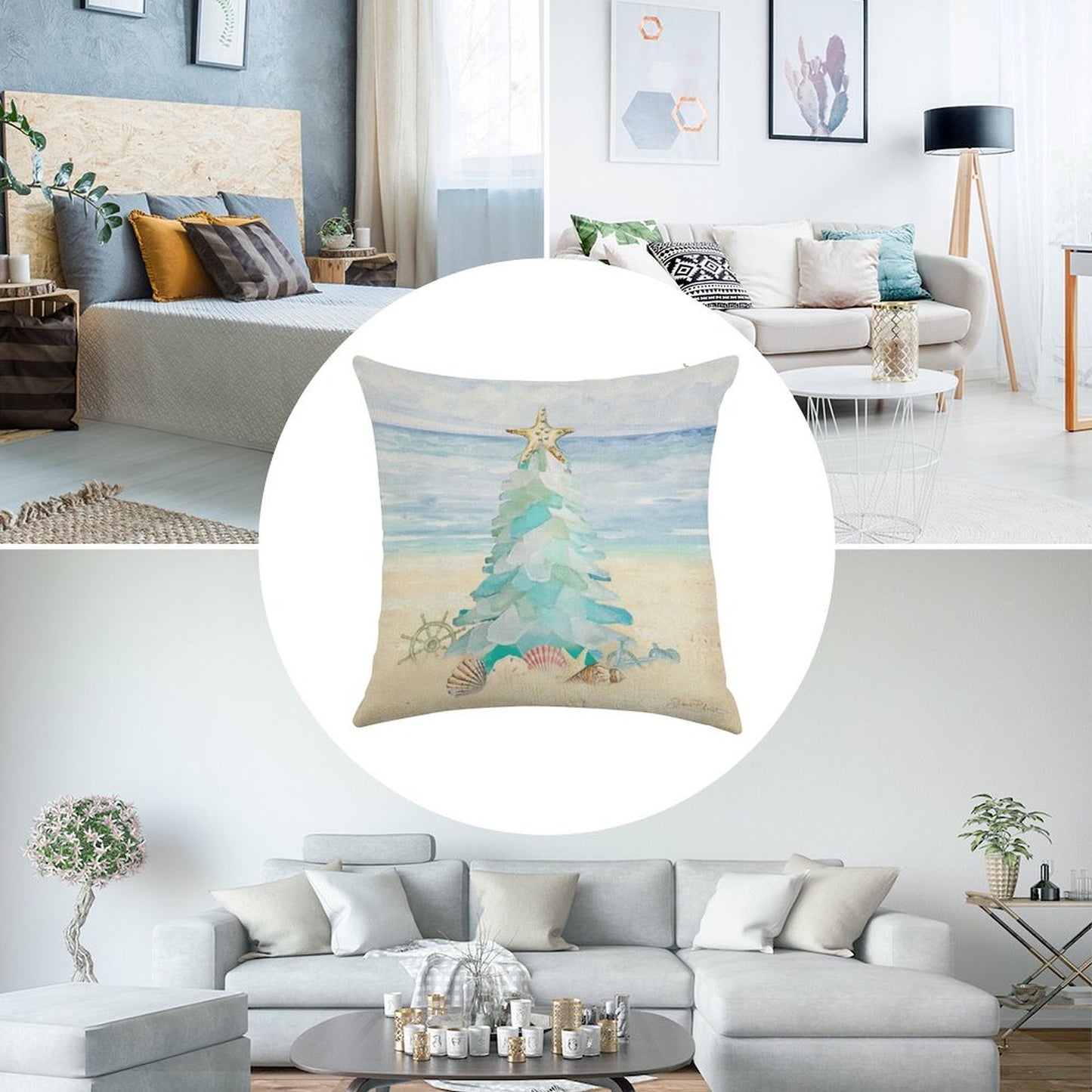 Coastal Seaglass Christmas Tree B Linen Throw Pillow Cover
