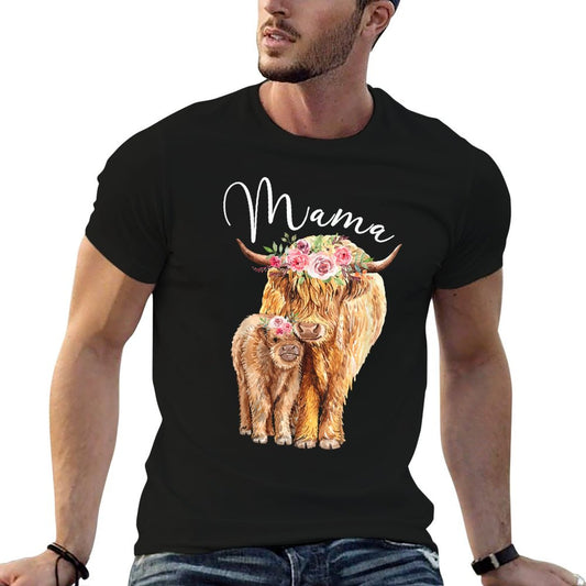 Mama Highland Cow With Baby Calf Floral Mothers Day Mom Gift T-Shirt