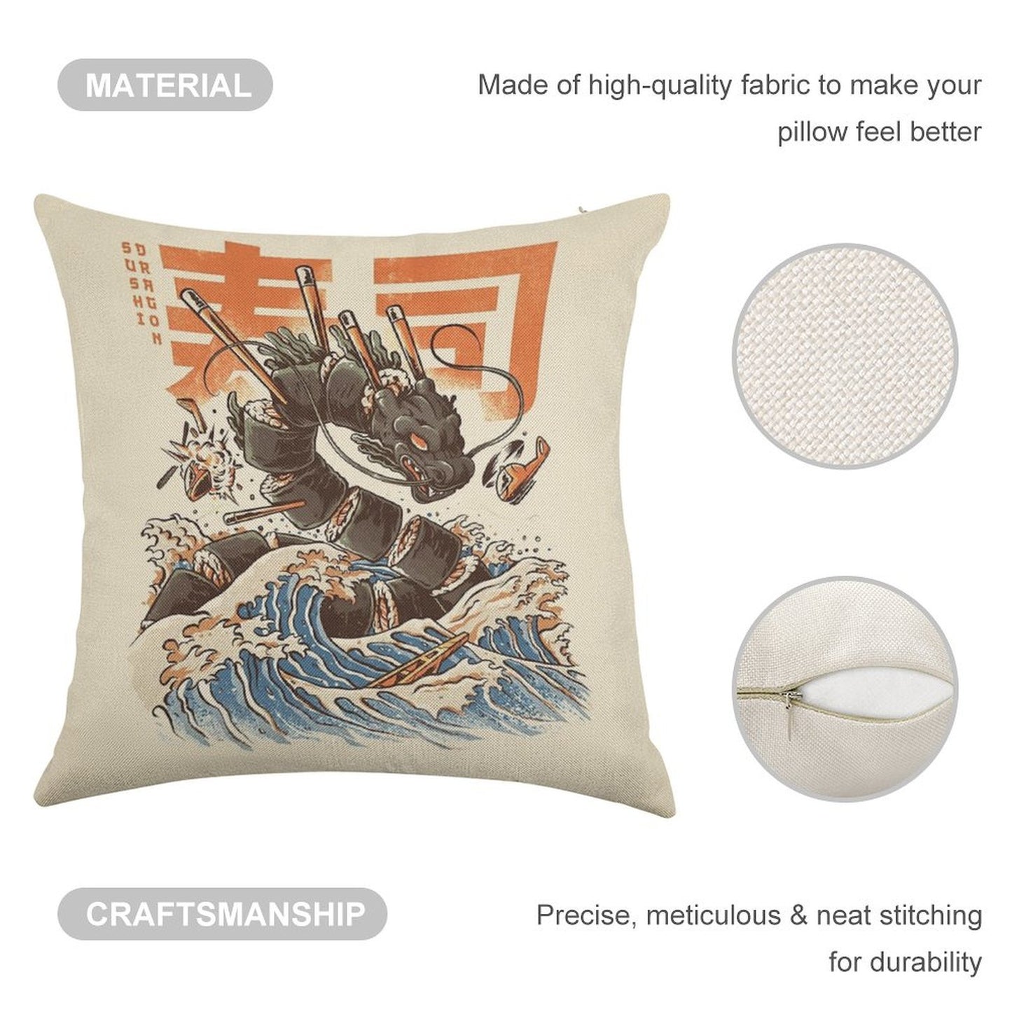 Great Sushi Dragon Linen Throw Pillow Cover