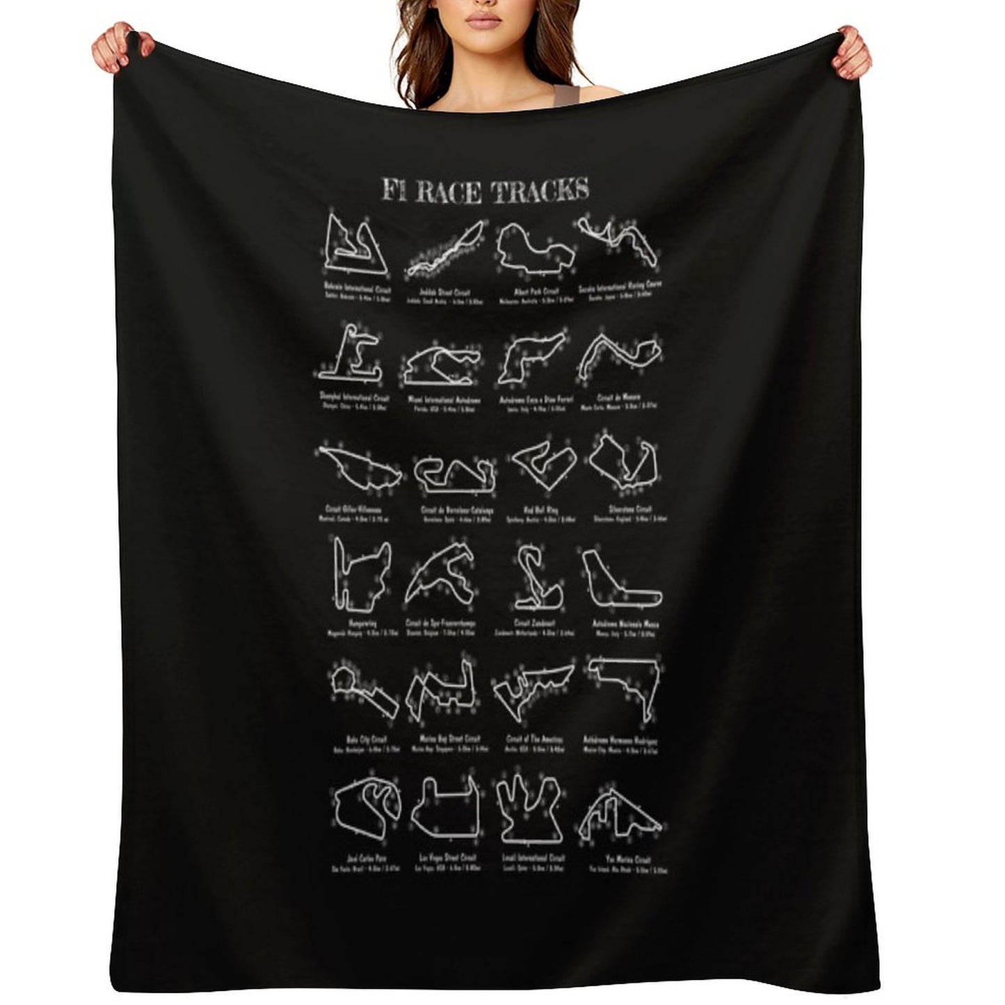F-1 Race Tracks Vertical (White Stencil - No Background) Throw Blanket