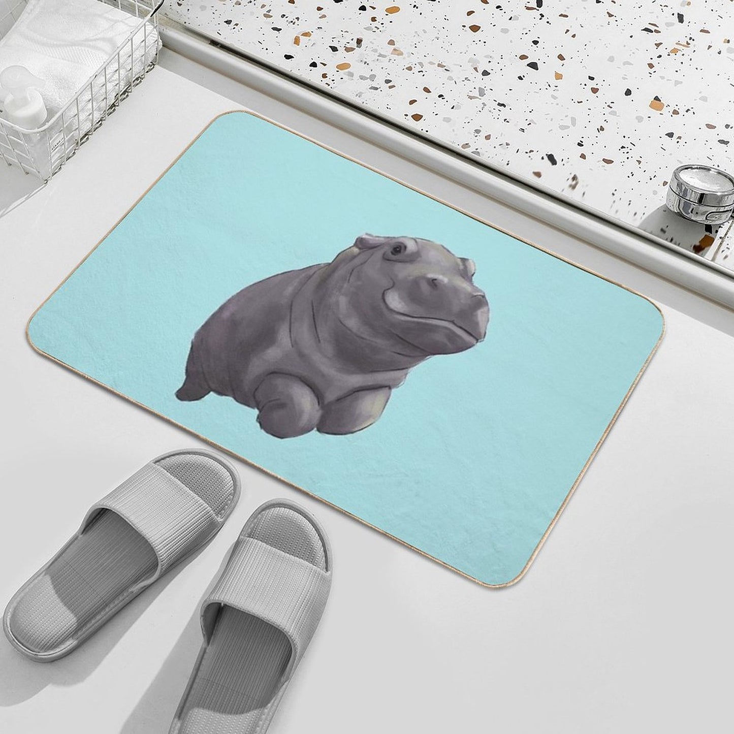 Cute Painted Baby Hippo Swimming - Digital Painting Bath Mat