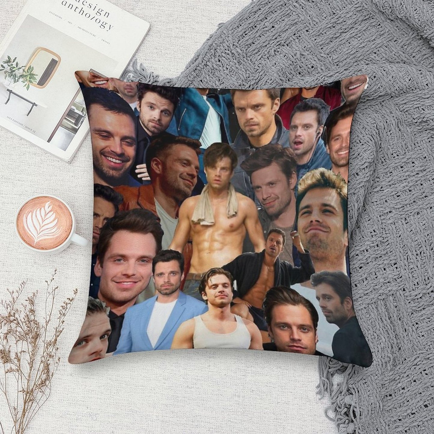 Sebastian Stan Photo Collage Soft Durable Construction Throw Pillow