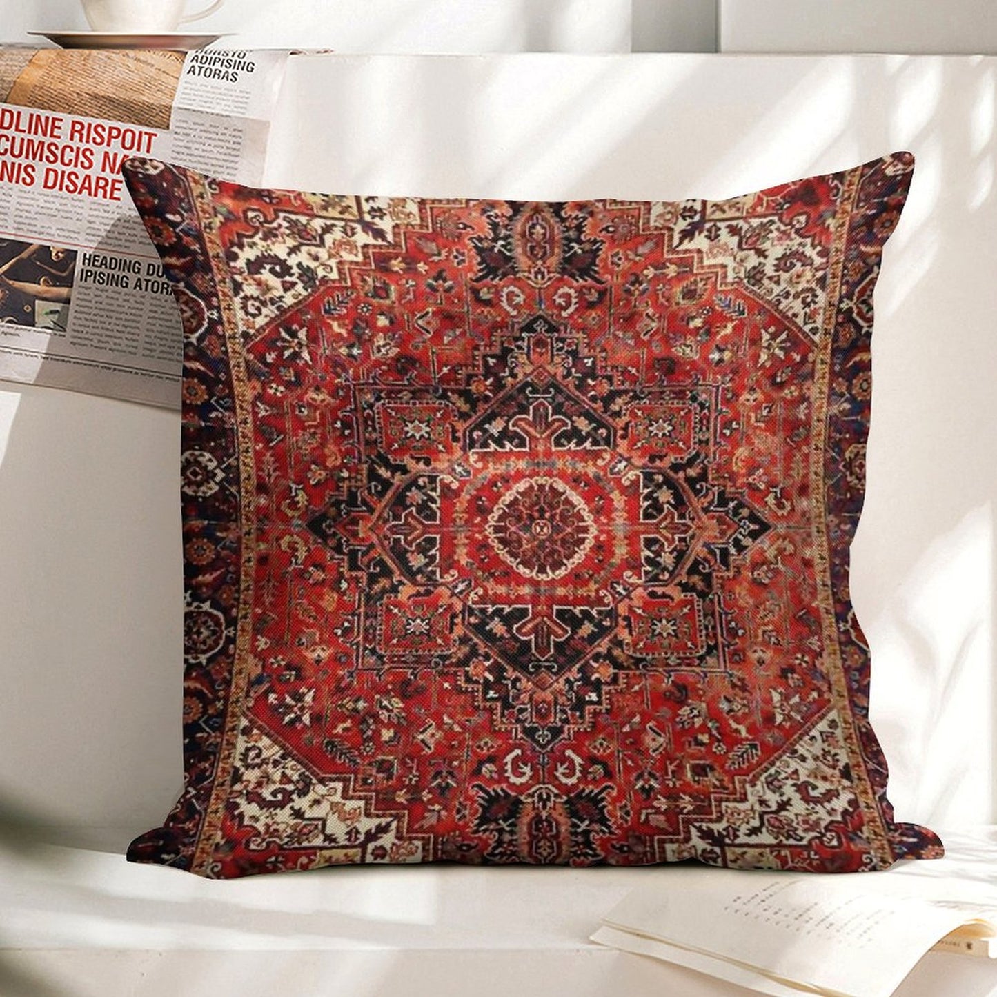 Heriz Antique Vintage Boho Persian Carpet Print Linen Throw Pillow Cover