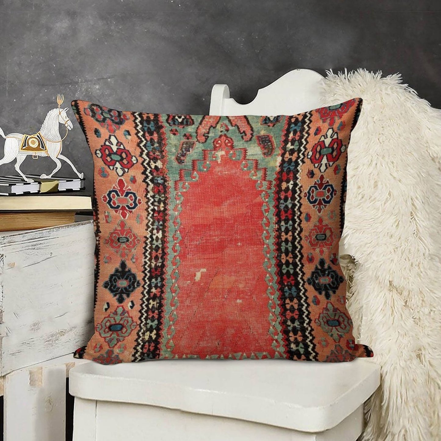 Sivas  Antique Cappadocian Turkish Niche Kilim Print Linen Throw Pillow Cover