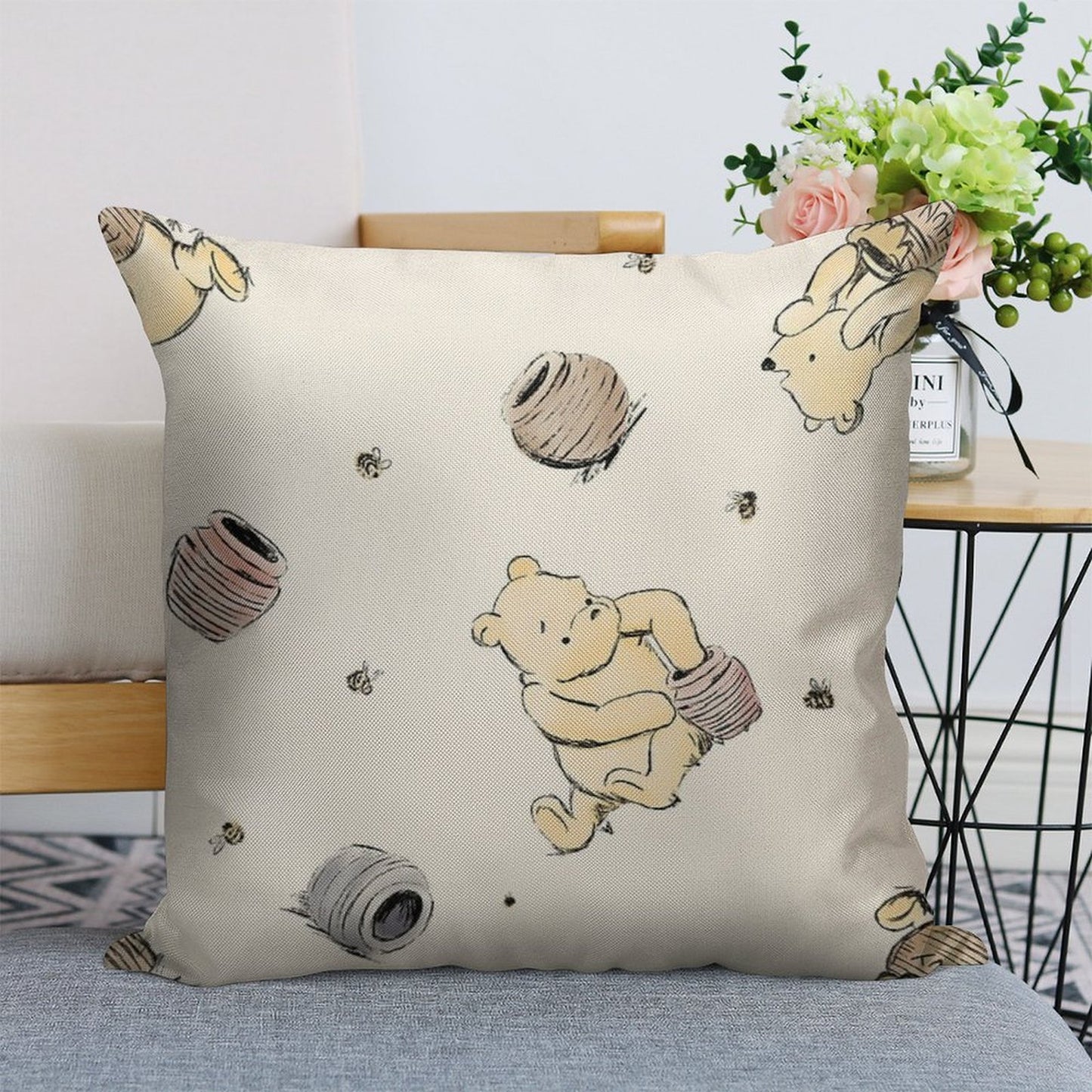 Vintage Pooh Linen Throw Pillow Cover