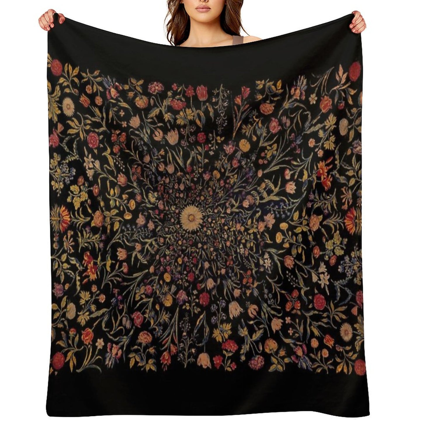 Medieval Flowers on Black Throw Blanket