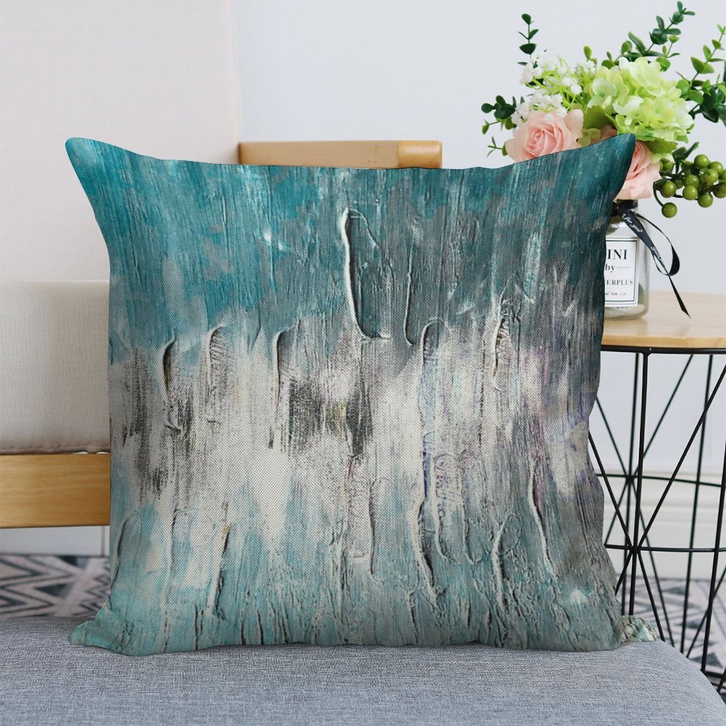 Ocean Teal And Blue Waves Abstract Linen Throw Pillow Cover