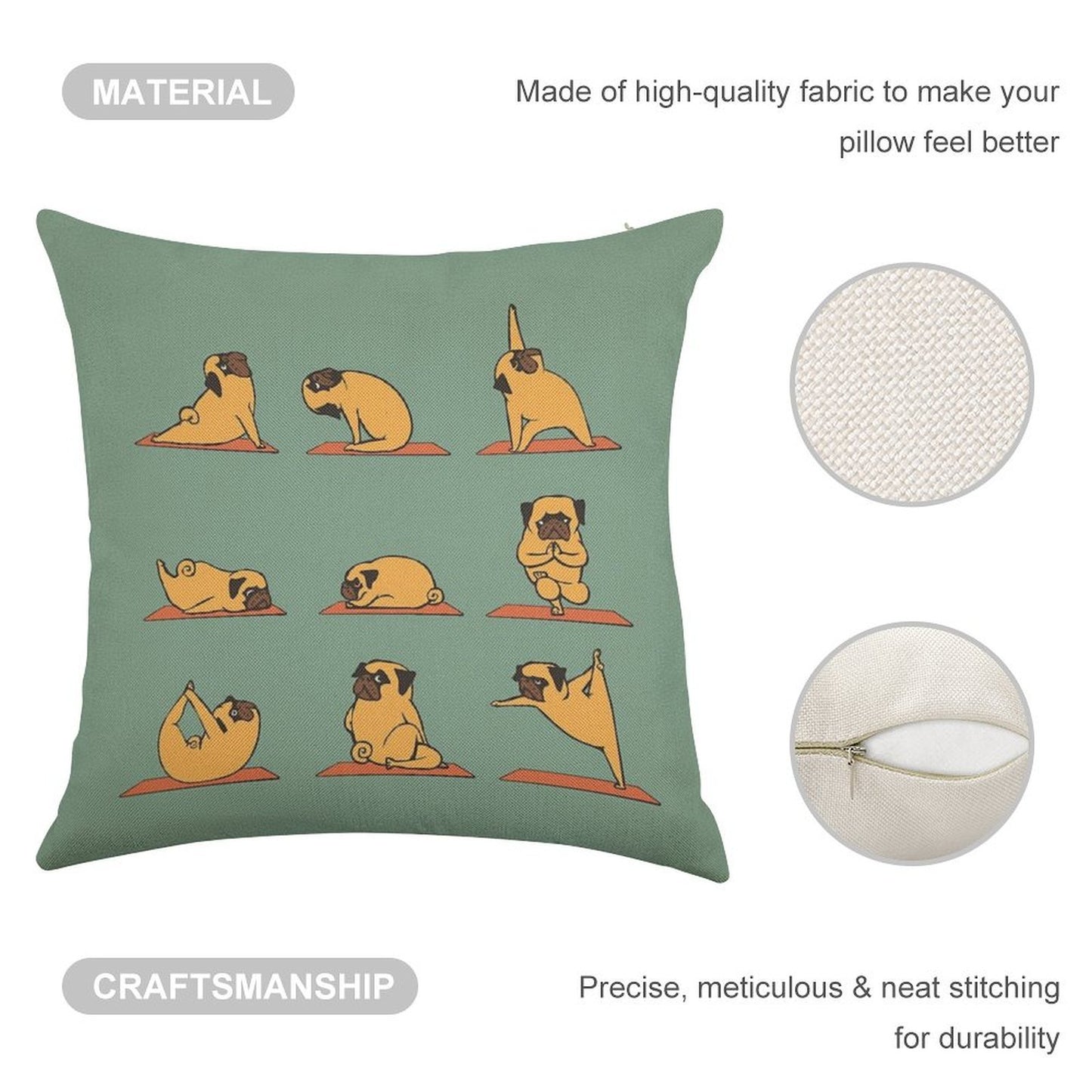 Pug Yoga Linen Throw Pillow Cover