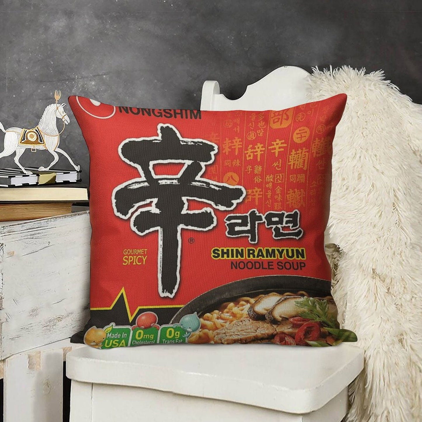 Nongshim Shin Ramyun (Spicy) Linen Throw Pillow Cover
