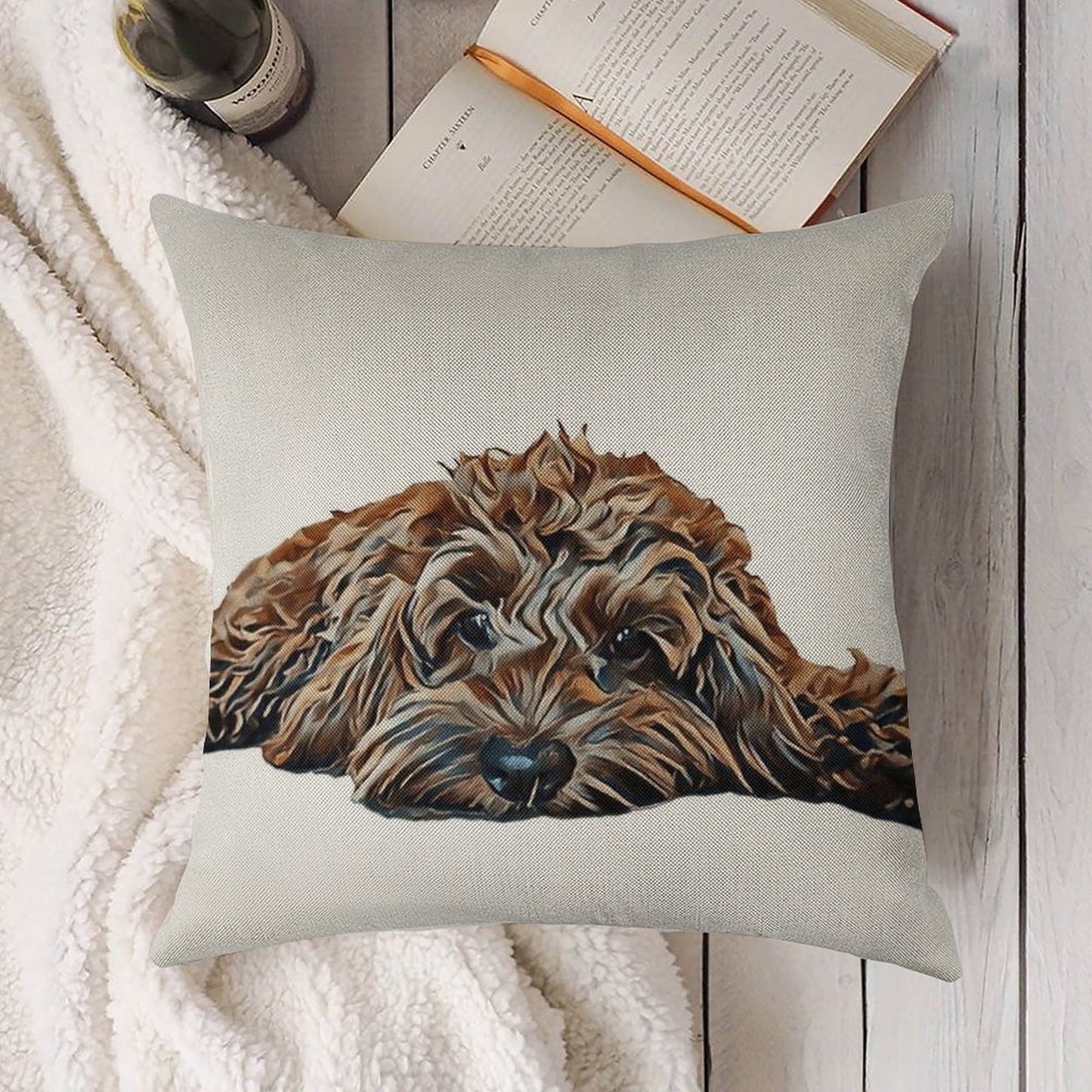 ChocolateBrown Cockapoo - White Background Linen Throw Pillow Cover