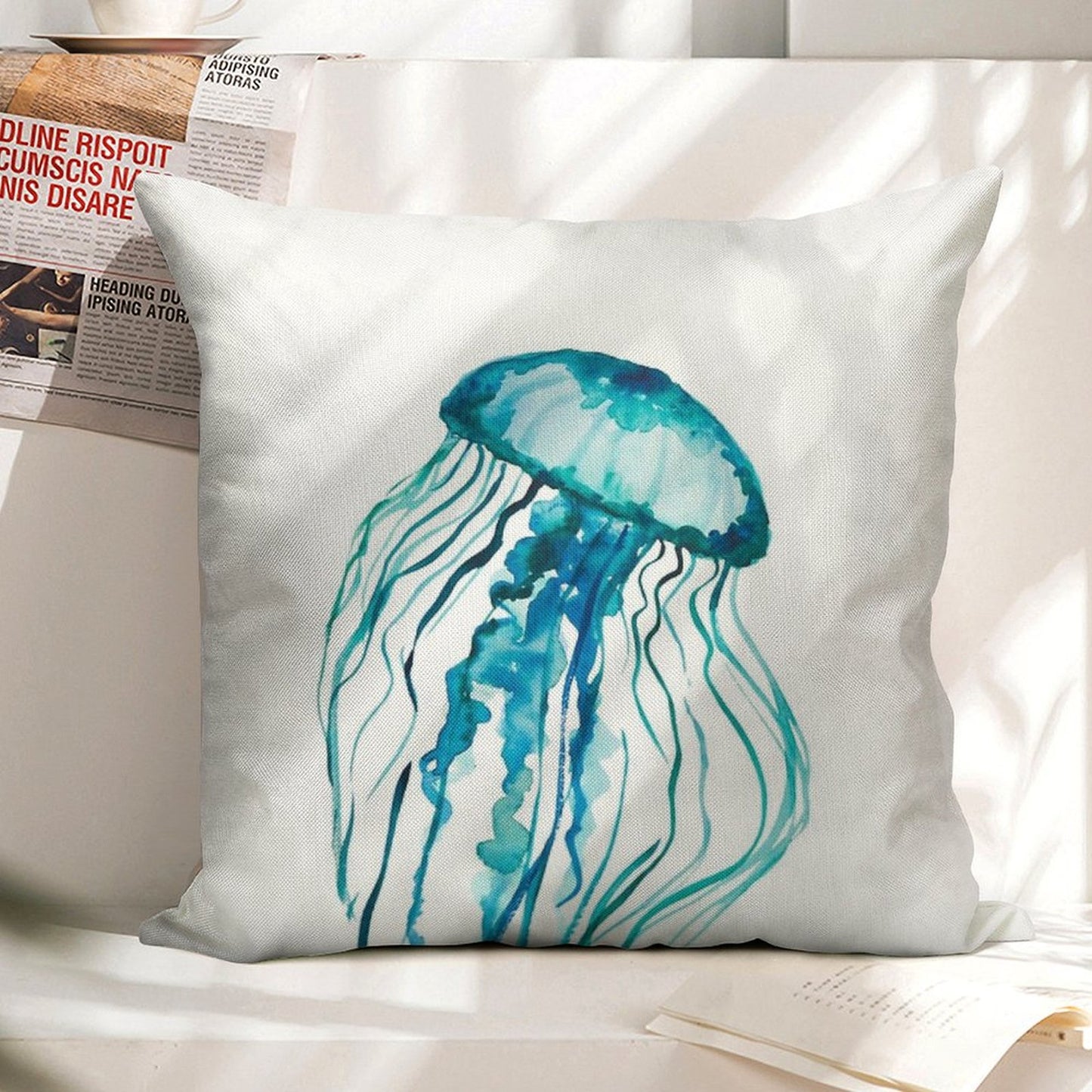 Watercolor Jellyfish Linen Throw Pillow Cover
