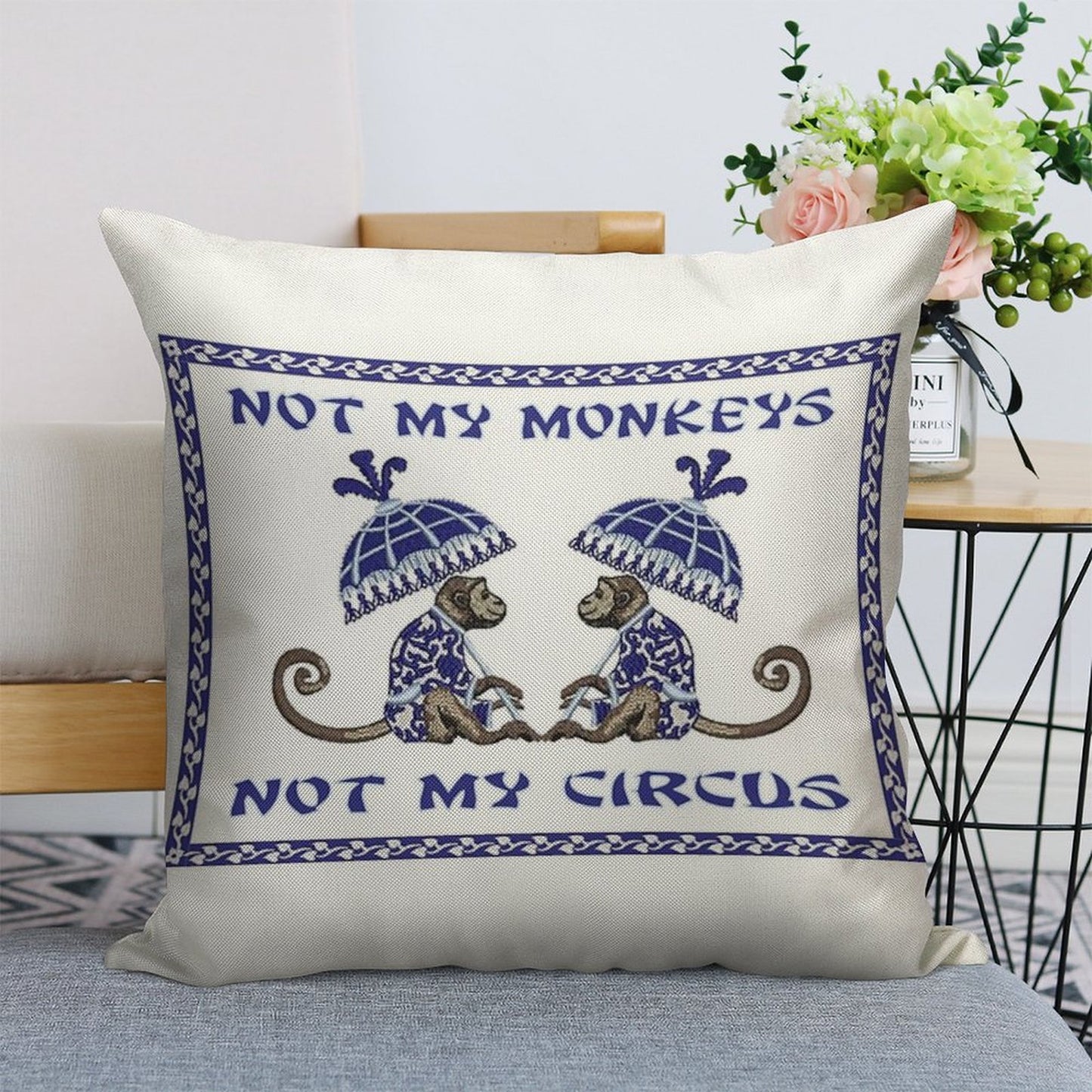 Not My Monkeys Linen Throw Pillow Cover