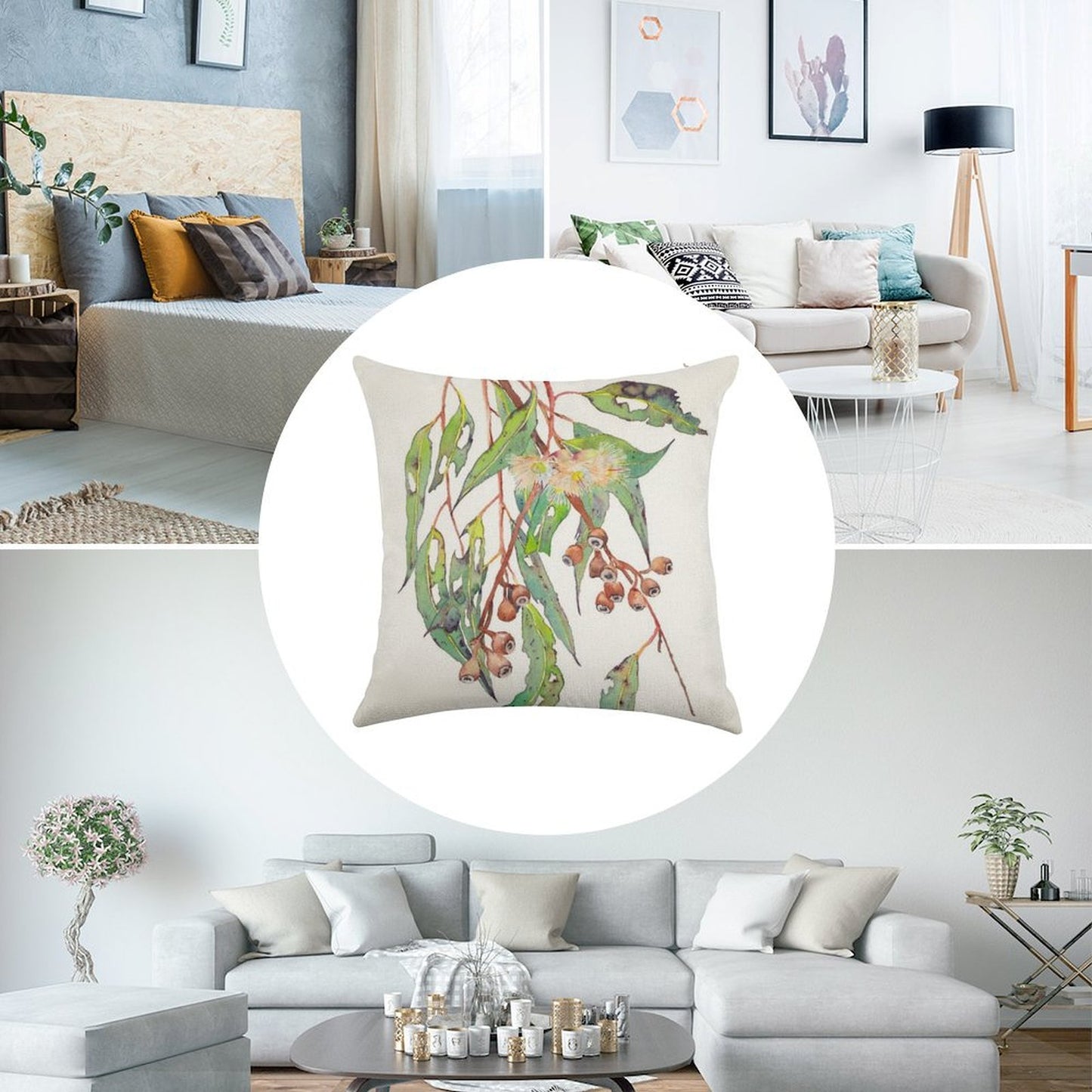 Watercolour Eucalyptus Tree Branch with White Flowers & Gumnuts. Linen Throw Pillow Cover