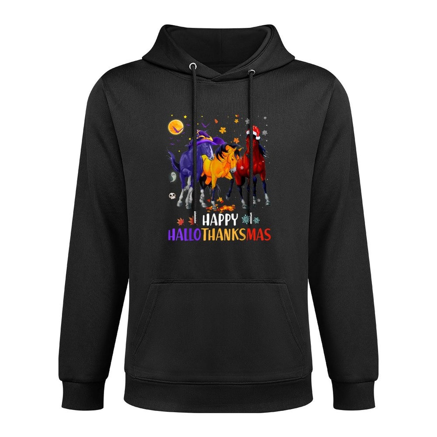Happy Hallothanksmas Horse Halloween Thanksgiving Christmas Shape Retention Hoodie