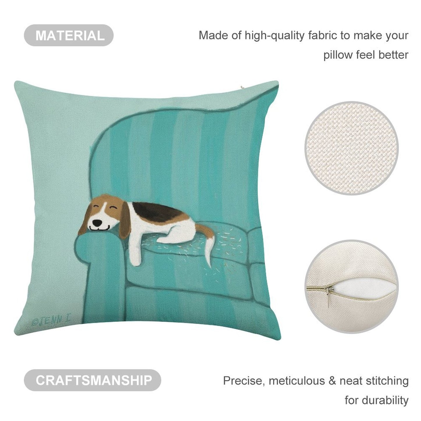 Happy Couch Dog Cute Beagle Linen Throw Pillow Cover
